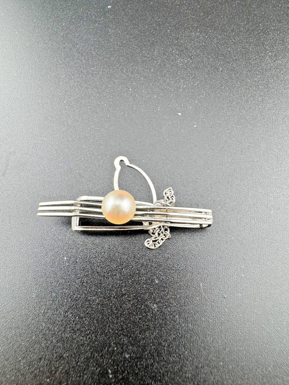 Vintage Sterling Silver Pearl Tie Clip Mens Tie Bar Chain